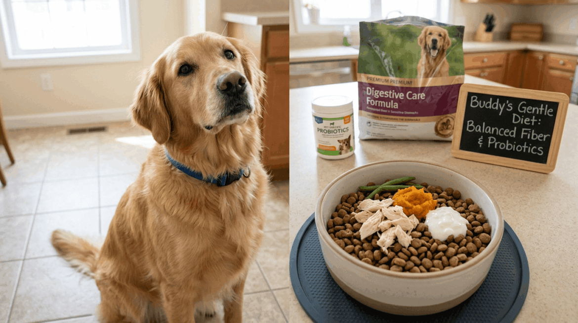 Dog digestive health diet with beneficial foods and nutrition