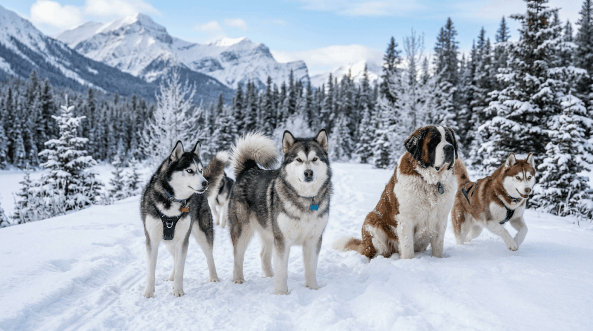 Cold weather dog breeds including thick-coated winter dogs in snowy outdoor setting