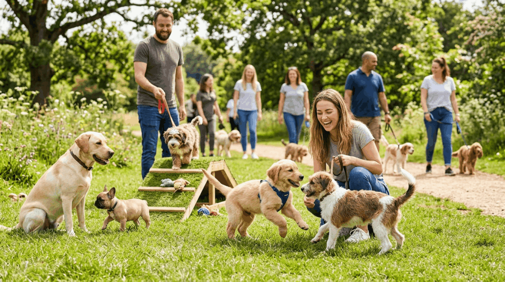 Puppy socialization tips showing puppies interacting with people and other dogs