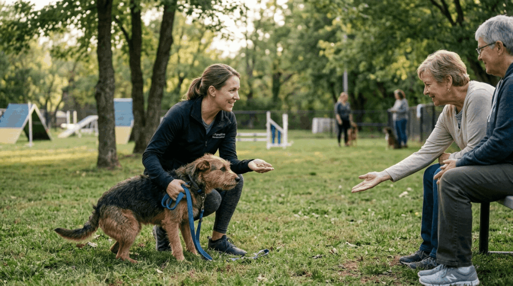 Socializing a fearful dog through gradual exposure therapy and confidence building with patient trainer