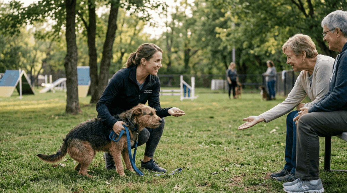 Socializing a fearful dog through gradual exposure therapy and confidence building with patient trainer
