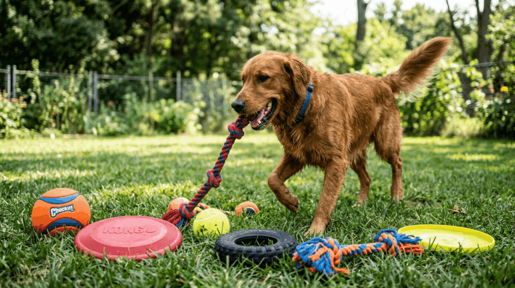 Toys for active dogs including balls, frisbees, rope toys, and fetch toys for energetic play