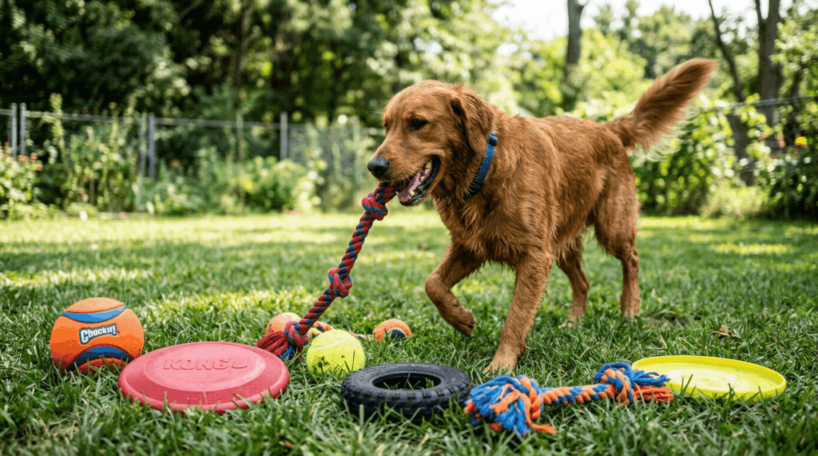 Toys for active dogs including balls, frisbees, rope toys, and fetch toys for energetic play