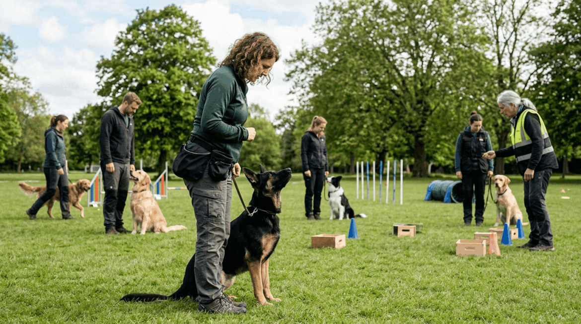 Advanced obedience training session with dogs performing complex commands
