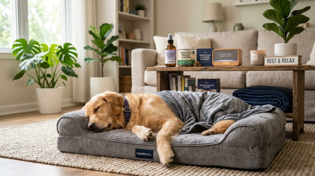 Calming dog products with anxiety-relief bed supplements and soothing accessories